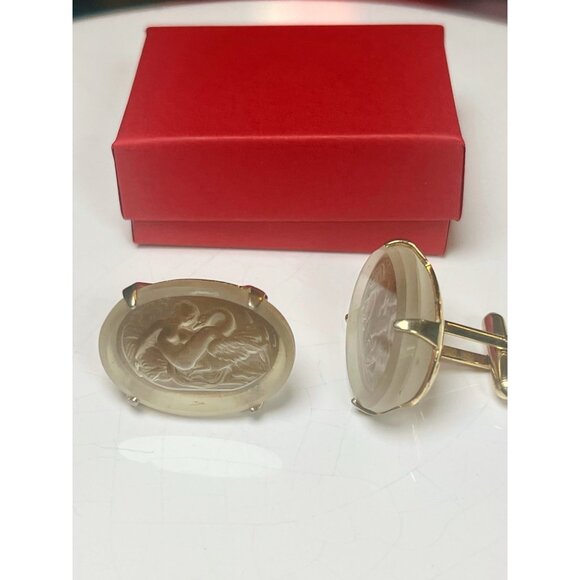 Vintage Gold-Tone Cufflinks With Carved Angelic Cameo Design Brand Swank - Picture 2 of 8